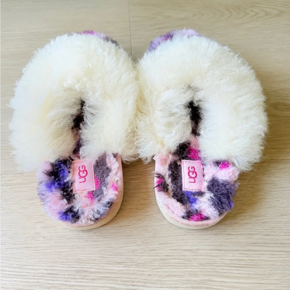 UGG Fluff Yeah Slide Slippers Kids Size 2 Pink Purple Tie Dye Shearling